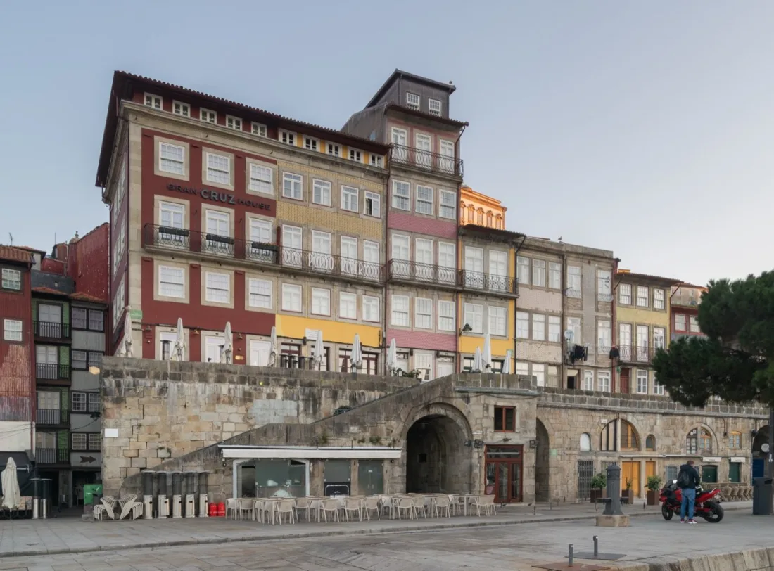 Tall colourful houses lining the Cais da Ribeira waterfront in Porto