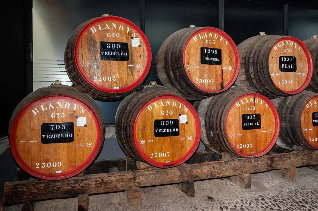 Blandy's Madeira casks marked Sercial, Verdelho, Bual and Malvasia in Funchal