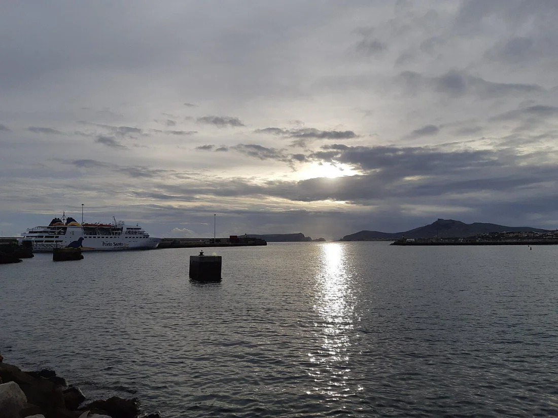 The Porto Santo Line ferry in the island's harbour at sunset