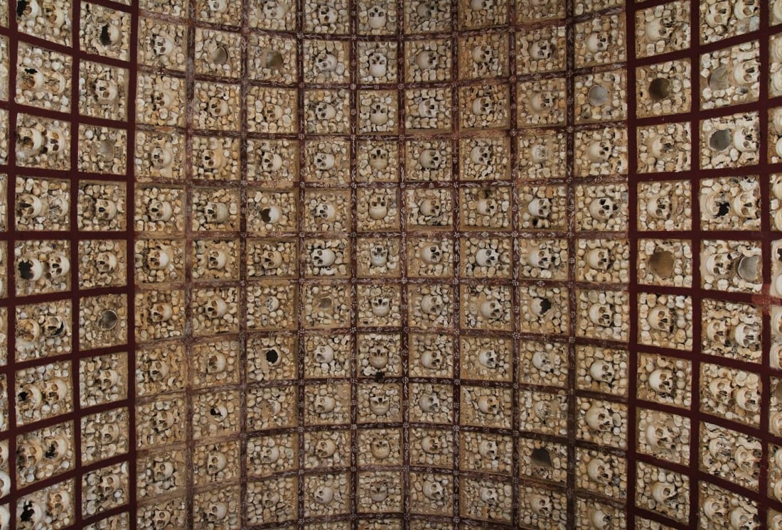 The bone-and-skull ceiling of the Capela dos Ossos in Faro