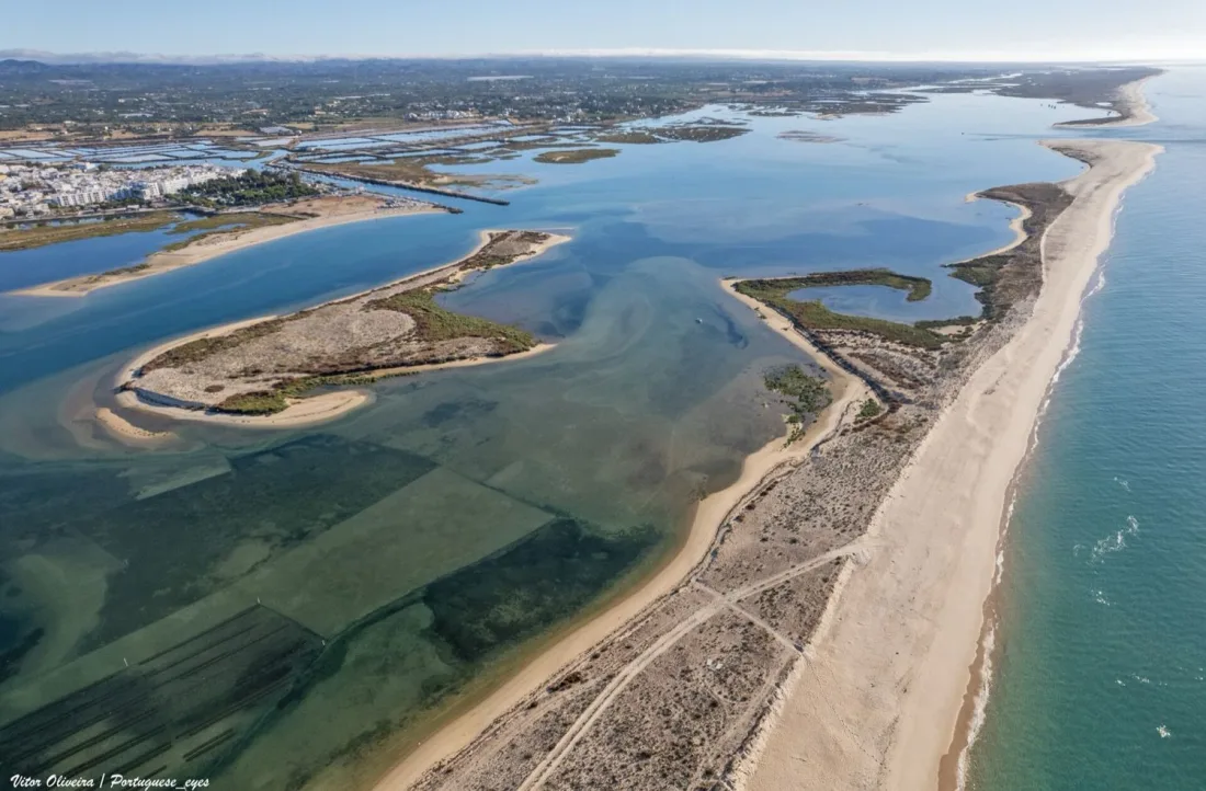 Aerial view of the Ria Formosa lagoon and barrier island near Fuseta