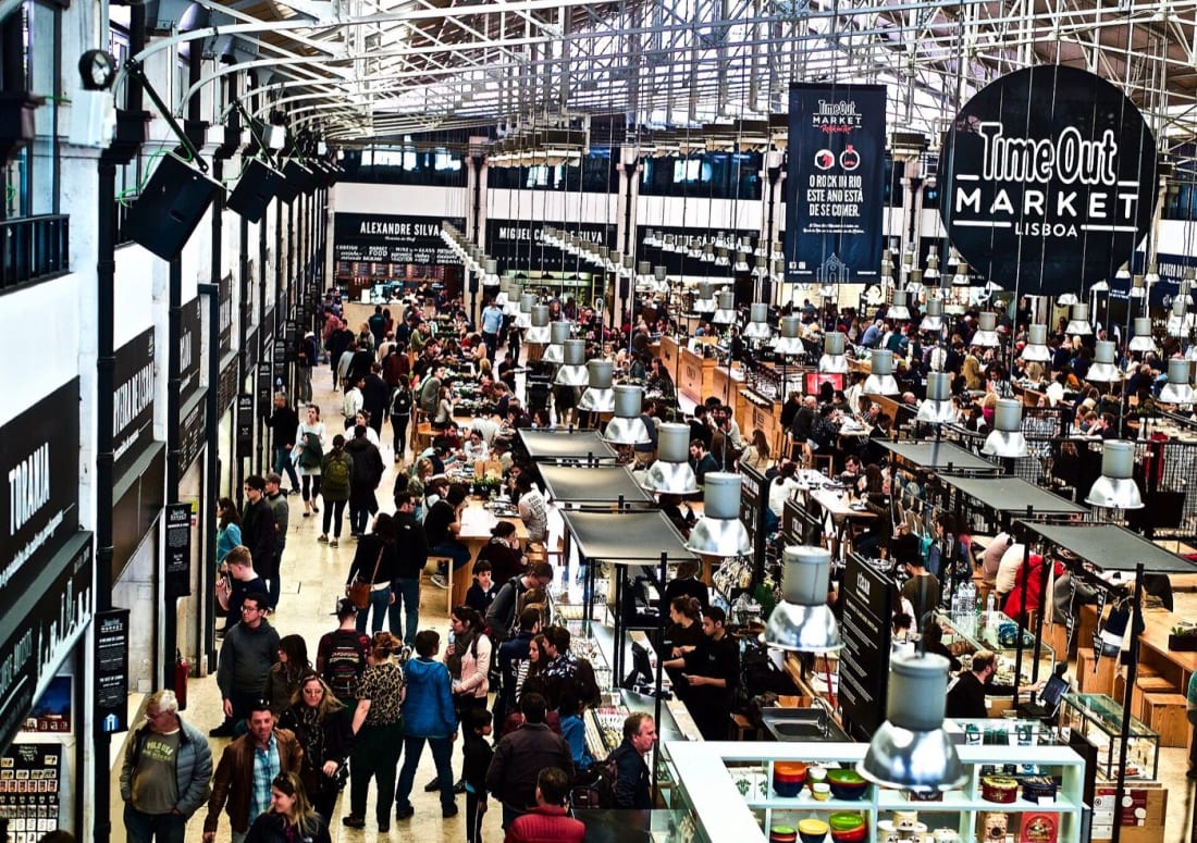 The busy Time Out Market food hall in the old Mercado da Ribeira at Cais do Sodré, Lisbon