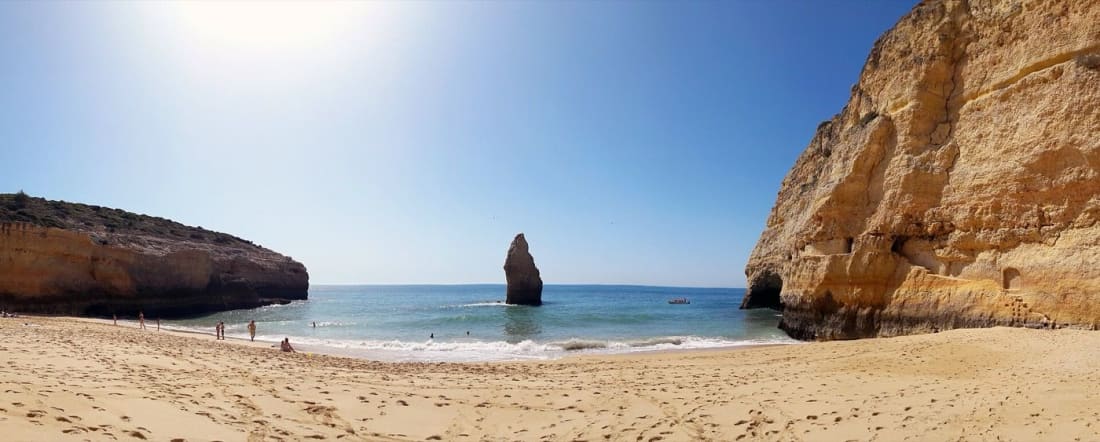 Praia do Carvalho and its sea stack, walled in by cliffs on the Seven Hanging Valleys Trail