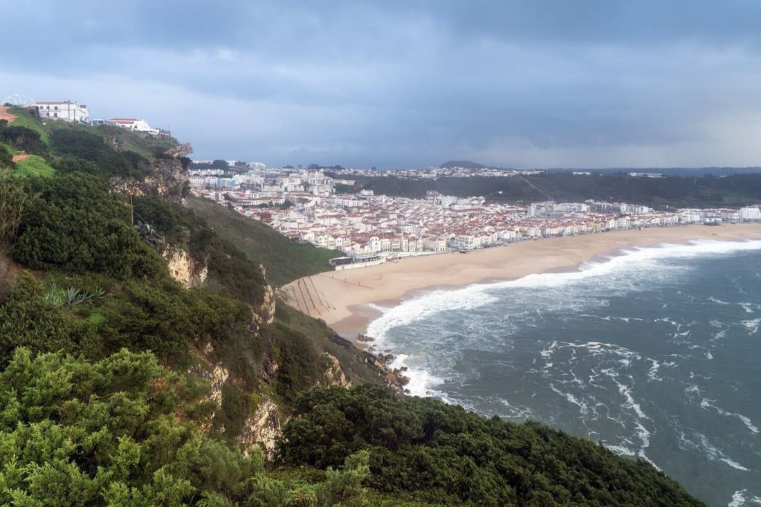 Winter view over Nazaré town and beach from the Sítio clifftop