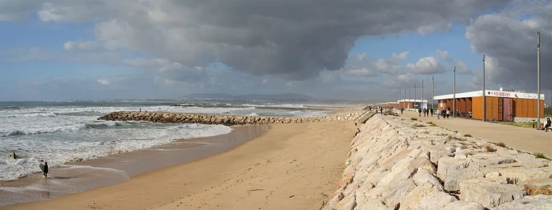 The promenade and rock groynes in front of Costa da Caparica town